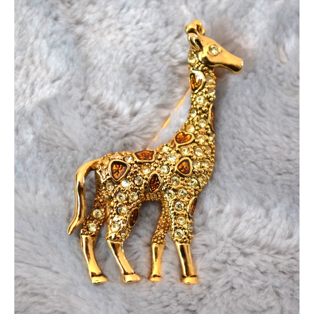 Vintage‎ Gold Tone Giraffe Brooch Pin Clear Rhinestone Eye 🦒1.75"